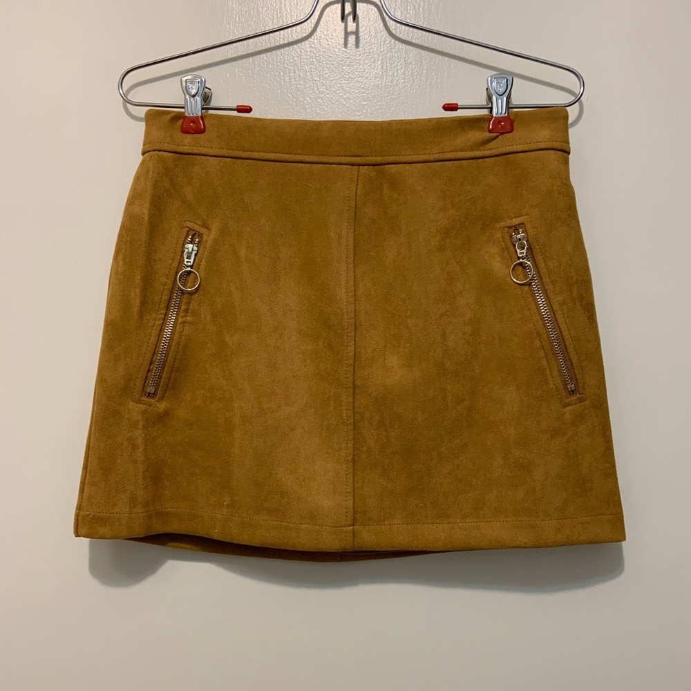 Tan Faux Suede Mini Skirt with Zipper Details